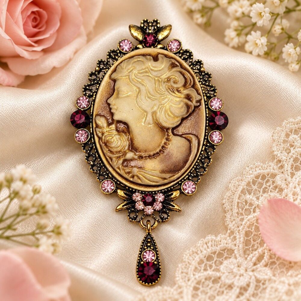 Vintage Style Victorian Cameo Brooch Pin Gold Tone Pink Rhinestone Dangle